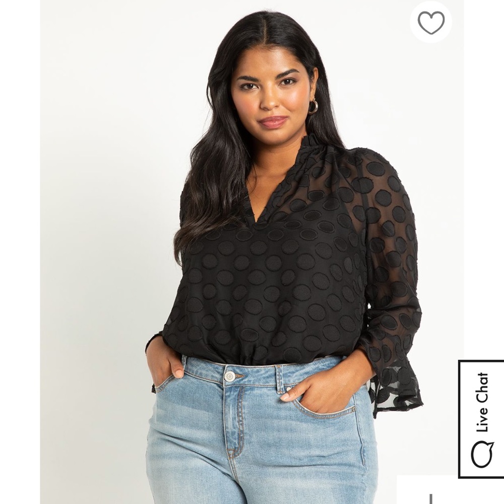 Eloquii Black Sheer Polka Dot Ruffle Blouse